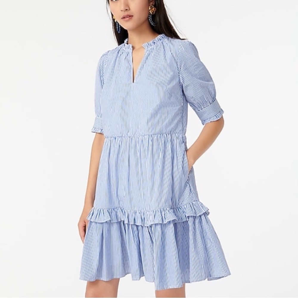 J. Crew Ruffleneck Tiered Popover Dress Blue White Stripe XXS